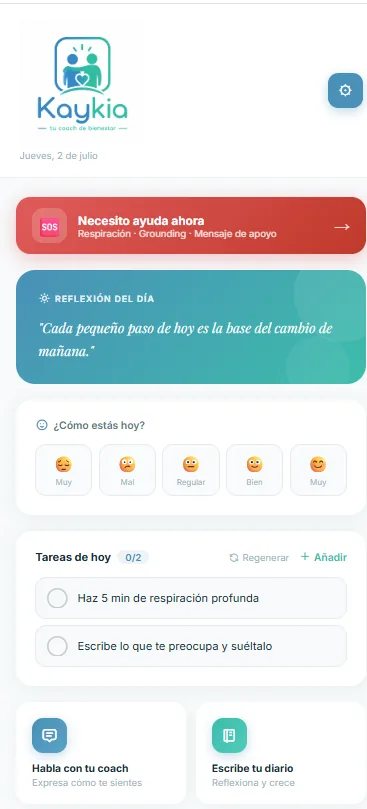 Vista previa de la app Kaykia mostrando el panel diario